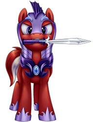 Size: 866x1131 | Tagged: safe, artist:thebowtieone, oc, oc:eclipse skies, pony, armor, commission, looking at you, male, mouth hold, night guard, simple background, solo, stallion, sword, transparent background, weapon