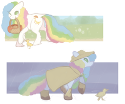 Size: 940x780 | Tagged: safe, artist:bananasmores, duck, earth pony, pony, g1, basket, blushing, boots, cookie, dock, duckling, female, food, hat, mare, mouth hold, quackers, rain, rainbow hair, rainbow tail, raincoat, sunlight, unshorn fetlocks, wellington boots