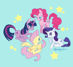 Size: 902x834 | Tagged: safe, artist:pegushi, derpibooru import, fluttershy, pinkie pie, rarity, twilight sparkle, earth pony, pegasus, pony, unicorn, female, simple background, stars