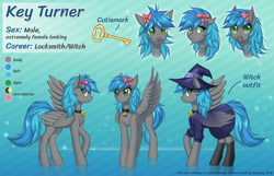 Size: 1554x1000 | Tagged: safe, artist:margony, derpibooru import, oc, oc only, oc:key turner, pegasus, pony, bow, clothes, commission, costume, cutie mark, digital art, femboy, girly, hair bow, male, reference sheet, signature, solo, stallion