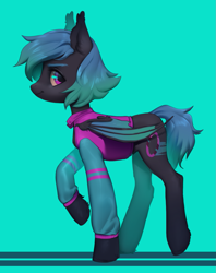 Size: 1057x1335 | Tagged: safe, artist:aphphphphp, derpibooru import, oc, oc:moondrive, bat pony, pony, bat pony oc, clothes, female, green background, looking back, mare, simple background, solo