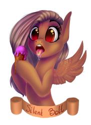 Size: 1024x1406 | Tagged: dead source, safe, artist:freckleplant, derpibooru import, oc, oc only, oc:silent bell, pegasus, pony, drool, eye clipping through hair, female, food, ice cream, mare, simple background, tongue out, transparent background