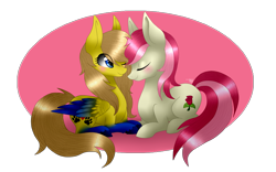 Size: 2641x1649 | Tagged: safe, artist:monogy, roseluck, oc, oc:catina scratch, earth pony, pegasus, pony, blushing, canon x oc, colored wings, eyes closed, female, gradient wings, lesbian, rose scratch, shipping