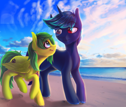 Size: 1023x866 | Tagged: dead source, safe, artist:freckleplant, derpibooru import, oc, oc only, pegasus, pony, unicorn, beach, female, male, mare, stallion