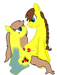 Size: 768x1024 | Tagged: safe, artist:kaylalovesluigi, oc, oc only, oc:catina scratch, oc:gold dart, pony, braid, goldina, oc x oc, shipping