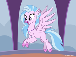 Size: 1024x768 | Tagged: safe, artist:tim-kangaroo, derpibooru import, silverstream, classical hippogriff, hippogriff, cute, diastreamies, female, flying, happy, jewelry, necklace, open mouth, smiling, solo