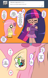 Size: 733x1201 | Tagged: safe, artist:born-to-die, derpibooru import, fluttershy, twilight sparkle, human, askadorkabletwi, breasts, christmas lights, christmas tree, clothes, cute, dark skin, delicious flat chest, dialogue, dress, duo, flattershy, glasses, humanized, misspelling, present, skirt, snow, speech bubble, sundress, tree, tumblr