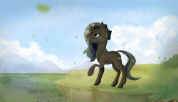 Size: 4000x2300 | Tagged: safe, artist:isorrayi, oc, oc only, pony, unicorn, cliff, female, mare, mountain, plant, raised hoof, solo