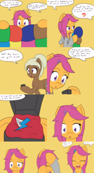 Size: 2400x4400 | Tagged: safe, artist:jake heritagu, apple bloom, scootaloo, oc, oc:sandy hooves, pony, comic:ask motherly scootaloo, absurd resolution, clothes, comic, crying, hairpin, motherly scootaloo, quilt, sweatshirt