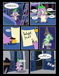 Size: 1275x1650 | Tagged: safe, artist:dsana, spike, dragon, comic:to look after, comic, dragon mail, fire, green fire, ink, inkwell, scroll, twilight's canterlot home