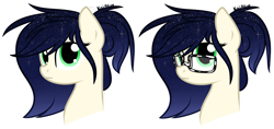 Size: 3823x1809 | Tagged: safe, artist:kai-alive, derpibooru import, oc, oc only, oc:newbie (ice1517), pegasus, pony, bust, ethereal mane, female, glasses, mare, ponytail, simple background, solo, starry mane, transparent background