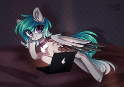 Size: 2000x1400 | Tagged: safe, artist:ten-dril, derpibooru import, oc, oc only, pegasus, pony, bed, computer, female, laptop computer, mare, on bed, prone, solo