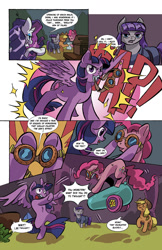 Size: 1024x1583 | Tagged: safe, artist:leavingcrow, derpibooru import, applejack, maud pie, pinkie pie, rarity, twilight sparkle, twilight sparkle (alicorn), alicorn, earth pony, pony, unicorn, comic:gemmed rarity, comic, goggles, party cannon, teleportation