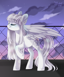 Size: 1280x1524 | Tagged: safe, artist:ten-dril, oc, oc only, pegasus, pony, blue blush, blushing, body blush, cloud, complex background, ear piercing, earring, eyes closed, female, fence, jewelry, long hair, mare, one hoof raised, piercing, raised hoof, sky, smiling, solo, stars, twilight (astronomy), unshorn fetlocks, white hair, wing blush, wings