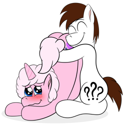 Size: 3000x3000 | Tagged: safe, artist:aarondrawsarts, oc, oc only, oc:brain teaser, oc:drawalot, pony, birthday, blushing, butthug, cute, hug, plot, simple background, transparent background