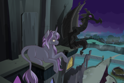 Size: 1024x686 | Tagged: safe, artist:uniquecolorchaos, oc, oc only, oc:nyx (kazumanakashimasan), alicorn, gargoyle, pony, unicorn, castle mane-ia, castle of the royal pony sisters, female, leonine tail, mare, night, offspring, parent:princess luna, prone, solo