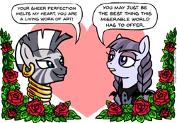 Size: 598x416 | Tagged: safe, artist:gingerfoxy, derpibooru import, inky rose, zecora, pegasus, pony, zebra, ear piercing, earring, female, flower, heart, inkora, jewelry, lesbian, lidded eyes, mare, piercing, pony couple generator, rose, shipping