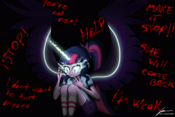 Size: 3000x2000 | Tagged: safe, artist:ivanmacintosh, midnight sparkle, sci-twi, twilight sparkle, equestria girls, legend of everfree, clothes, crying, shorts, signature, sitting, socks, solo, text, the midnight in me