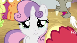 Size: 2208x1242 | Tagged: safe, derpibooru import, screencap, apple bloom, big macintosh, discord, scootaloo, sweetie belle, pony, unicorn, the break up breakdown, crying, cute, cutie mark crusaders, diasweetes, female, filly, looking at you, sad, sadorable, solo focus, teary eyes, woobie