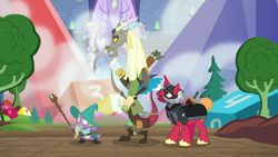 Size: 1280x720 | Tagged: safe, derpibooru import, screencap, big macintosh, discord, spike, draconequus, dragon, pony, unicorn, dungeons and discords, arrow, bow (weapon), braid, captain wuzz, dice, dungeons and dragons, garbuncle, hat, helmet, horned helmet, magic staff, male, ogres and oubliettes, parsnip, quiver, race swap, sir mcbiggen, stallion, unicorn big mac, wizard, wizard hat