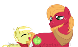 Size: 1024x624 | Tagged: safe, artist:ipandacakes, big macintosh, oc, oc:lil' buck, pony, beard, colt, facial hair, male, offspring, older, parent:applejack, parent:flim, parents:flimjack, simple background, transparent background