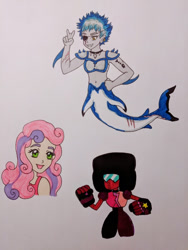 Size: 478x637 | Tagged: safe, artist:metalamethyst, derpibooru import, sweetie belle, oc, human, art dump, crossover, garnet (steven universe), humanized, mershark, non-mlp oc, steven universe, traditional art