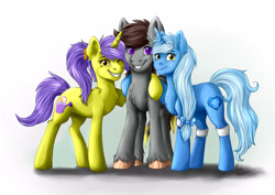 Size: 2834x2007 | Tagged: safe, artist:alexispaint, oc, oc only, oc:glace, oc:luxor, oc:tulipan, earth pony, pony, unicorn, bow, cute, hair bow, hairband, hug, looking at you, luxorian trio, smiling, unshorn fetlocks