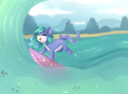 Size: 4879x3588 | Tagged: safe, artist:alexa1alexa, derpibooru import, oc, oc:star gazer, monster pony, original species, shark, shark pony, beach, female, mare, monster mare, pale belly, solo, surfing, water