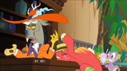 Size: 1920x1080 | Tagged: safe, derpibooru import, screencap, big macintosh, discord, spike, draconequus, dragon, earth pony, pony, the break up breakdown, facial hair, hat, male, milkshake, moustache, oy vey, stallion, subtitles, trio