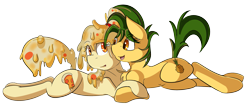 Size: 2815x1213 | Tagged: safe, artist:beardie, oc, oc only, oc:cheesyblend, oc:piña, food pony, original species, pizza pony, cuddling, cute, food, pineapple, pizza, simple background, transparent background