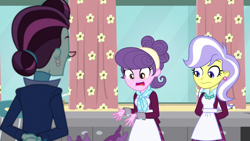 Size: 1280x720 | Tagged: safe, screencap, principal abacus cinch, suri polomare, upper crust, acadeca, equestria girls, friendship games, :s, apron, baking, baking cake, cake, clothes, ear piercing, earring, food, jewelry, necklace, oops, pearl necklace, piercing, scarf, skunk stripe, wavy mouth