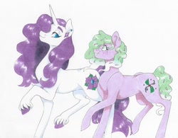 Size: 766x596 | Tagged: safe, artist:frozensoulpony, oc, oc only, oc:confetti, oc:petal jewel, earth pony, pony, unicorn, female, freckles, mare, offspring, parent:double diamond, parent:party favor, parent:pinkie pie, parent:rarity, parents:diamond duo, parents:partypie, raised hoof, traditional art, unshorn fetlocks, walking