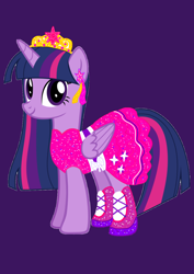 Size: 1000x1414 | Tagged: safe, artist:katya, derpibooru import, twilight sparkle, twilight sparkle (alicorn), alicorn, pony, boots, clothes, dress, equestria girls ponified, fall formal outfits, ponified, purple background, shoes, simple background, solo, twilight ball dress