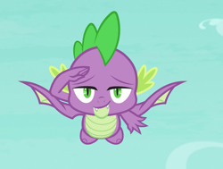 Size: 1238x937 | Tagged: safe, derpibooru import, screencap, spike, dragon, molt down, cropped, cute, cute little fangs, fangs, flying, male, salute, smiling, smug, winged spike, wings