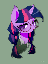 Size: 1190x1603 | Tagged: safe, artist:potetecyu_to, derpibooru import, twilight sparkle, twilight sparkle (alicorn), alicorn, pony, braid, braided pigtails, bust, clothes, cute, female, glasses, green background, looking at you, mare, portrait, simple background, solo, twiabetes