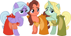 Size: 1991x1001 | Tagged: safe, artist:cloudyglow, dear darling, fond feather, swoon song, pony, hard to say anything, beauty and the beast, bimbettes, bimbettes (beauty and the beast), clothes, clothes swap, cosplay, costume, crossover, cute, disney, female, raised hoof, simple background, transparent background, trio, trio female