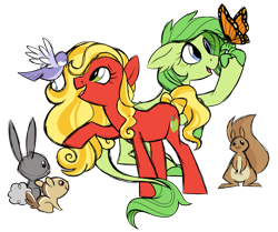 Size: 1809x1509 | Tagged: safe, artist:azure-art-wave, oc, oc only, oc:jade gem, oc:sweet bailey, bird, butterfly, dracony, earth pony, hybrid, pony, rabbit, squirrel, female, interspecies offspring, mare, offspring, parent:applejack, parent:jet set, parent:rarity, parent:spike, parents:applejet, parents:sparity, simple background, transparent background