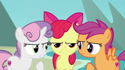 Size: 1920x1080 | Tagged: safe, derpibooru import, screencap, apple bloom, scootaloo, sweetie belle, earth pony, pegasus, pony, unicorn, surf and/or turf, apple bloom is not amused, argument, cutie mark crusaders, female, filly, trio, unamused