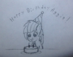 Size: 2676x2088 | Tagged: safe, artist:seafooddinner, oc, oc only, oc:aggie, birthday, birthday cake, cake, candle, chest fluff, cute, food, hat, party hat, solo, traditional art