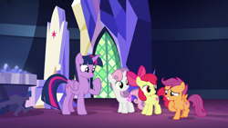 Size: 1920x1080 | Tagged: safe, derpibooru import, screencap, apple bloom, scootaloo, sweetie belle, twilight sparkle, twilight sparkle (alicorn), alicorn, earth pony, pegasus, pony, unicorn, surf and/or turf, cute, cutealoo, cutie mark crusaders, embarrassed, female, filly, looking at each other, mare, raised hoof, raised leg, smiling