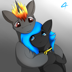 Size: 3000x3000 | Tagged: safe, artist:4clop, oc, oc only, oc:blackout, oc:shadowed ember, pegasus, pony, unicorn, collar, gradient background, pet