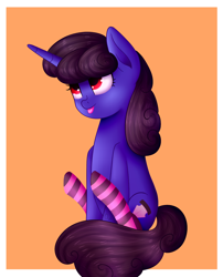 Size: 968x1200 | Tagged: safe, artist:queenwildfire, derpibooru import, oc, oc only, oc:maquette, unicorn, :p, clothes, curly hair, cute, red eyes, request, requested art, silly, simple background, sitting, socks, solo, striped socks, tongue out