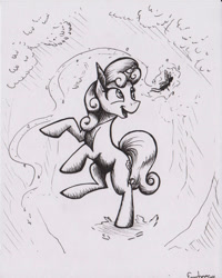 Size: 1743x2182 | Tagged: safe, artist:fanch1, sweetie belle, pony, unicorn, fairy, forest, inked, pixie, sketch, smiling, traditional art