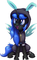 Size: 1110x1791 | Tagged: safe, artist:thebowtieone, derpibooru import, oc, oc:blue visions, changeling, blue changeling, bunny ears, changeling oc, clothes, costume, dangerous mission outfit, female, hoodie, simple background, solo, transparent background