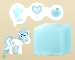 Size: 3000x2400 | Tagged: safe, artist:notenoughapples, oc, oc only, oc:glacier shroud, pony, unicorn, cute, female, ice, ice cube, mare, ocbetes, solo, thought bubble, tongue out