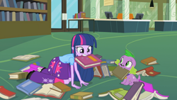 Size: 1920x1080 | Tagged: safe, screencap, spike, twilight sparkle, dog, equestria girls, equestria girls (movie), all fours, book, humans doing horse things, library, mouth hold, spike the dog