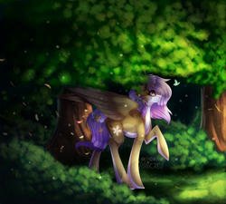 Size: 1280x1152 | Tagged: safe, artist:pinkxei, oc, oc only, butterfly, pegasus, pony, female, flower, flower in hair, forest, grass, mare, pale belly, raised hoof, smiling, solo, tree