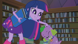 Size: 1920x1080 | Tagged: safe, screencap, spike, twilight sparkle, dog, equestria girls, equestria girls (movie), book, spike the dog