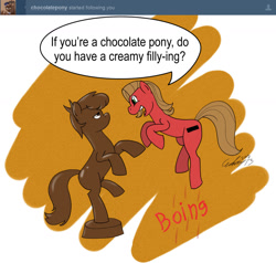 Size: 1280x1220 | Tagged: safe, artist:cedar13, derpibooru import, oc, oc:pun, chocolate pony, earth pony, food pony, original species, pony, ask, ask pun, female, food, mare, ponified