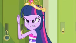 Size: 1920x1080 | Tagged: safe, screencap, twilight sparkle, equestria girls, equestria girls (movie), angry, bare shoulders, big crown thingy, crown, element of magic, fall formal outfits, jewelry, locker, regalia, sleeveless, strapless